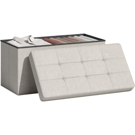 Puff Almacenaje, Banco Almacenaje Plegable 84 L 76x38x38 cm Tapizado en Lino Sintético Baúl de Almacenamiento Crema