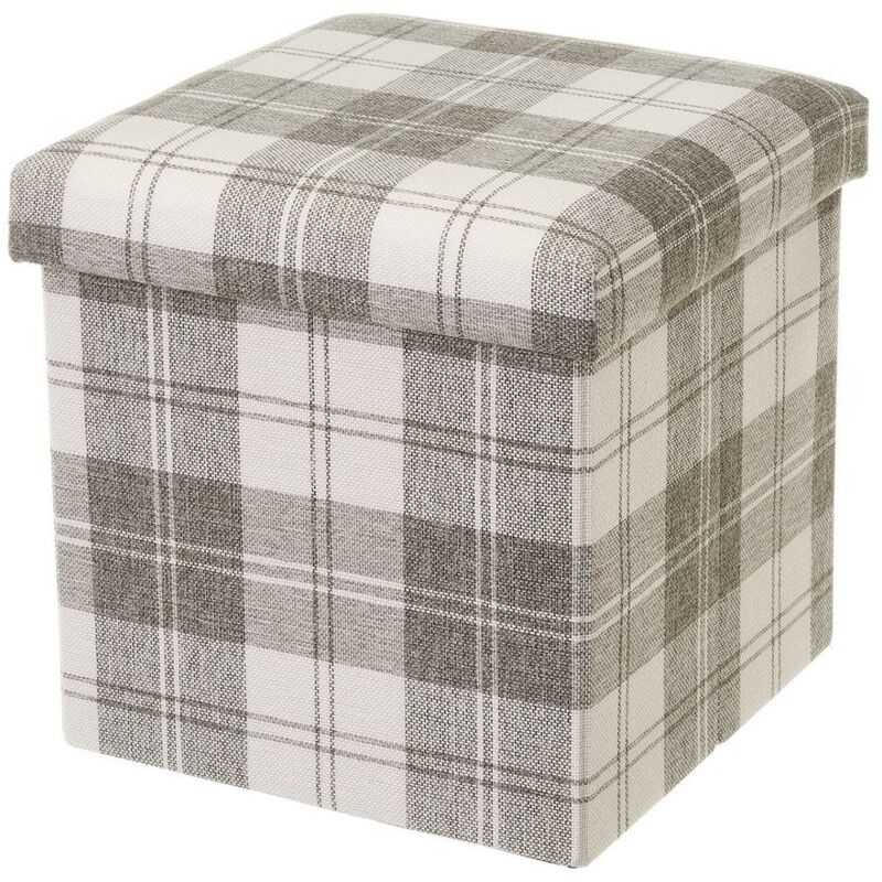 

Púff arcón de cuadros beige y marrón de tela y MDF de 38x38x38 cm