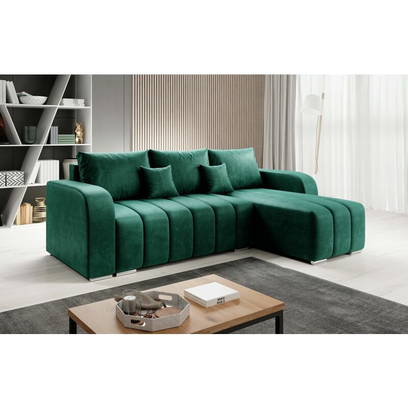 Puffo Universal L-Shape Velvet Corner Sofa Bed - Bottle Green