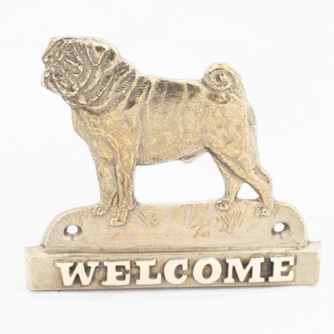 Pug, Carlin: un cartel para puerta con un perro, una placa de bienvenida de latón, un cartel único con la palabra Bienvenido de Art-Dog