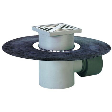 Puisard de cave horizontal siphonné DN75/110, tôle bitumée soudée, support de grille en acier inoxydable 147x147mm/138x138mm