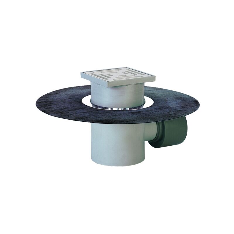 Puisard de cave horizontal siphonné DN75/110, tôle bitumée soudée, support de grille en plastique 147x147mm/138x138mm