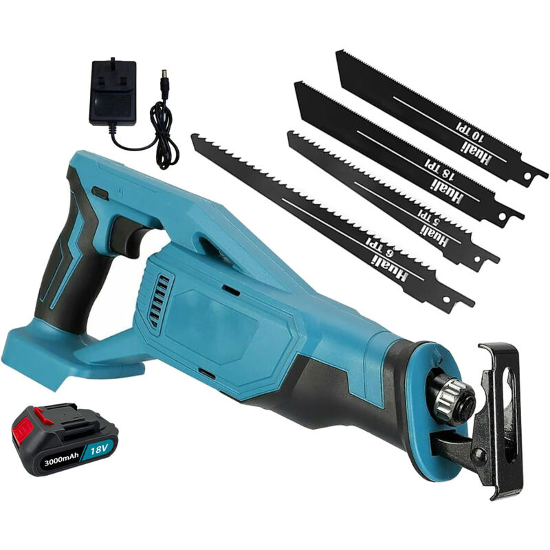 Puissante scie alternative à vitesse variable sans fil , batterie 1x3000mah et chargeur , bouton de changement de vitesse et de verrouillage avec 4