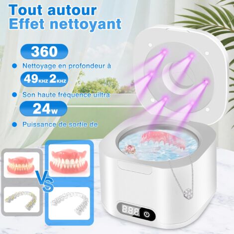Pulitore a ultrasuoni, pulitore a ultrasuoni portatile per gioielli da 49000 Hz e 340 ml con lampada UV, pulitore a ultrasuoni da 24 W con 4 impostazioni di tempo per protesi dentarie, gioielli, porta