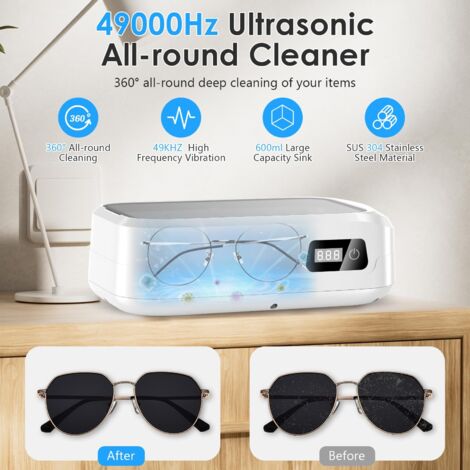 Pulitore ad ultrasuoni, pulitore ad ultrasuoni 49000Hz, pulitore ad ultrasuoni 600mL, pulitore ad ultrasuoni per occhiali, con 4 impostazioni timer, display LED, per gioielli, anelli, denti, argento