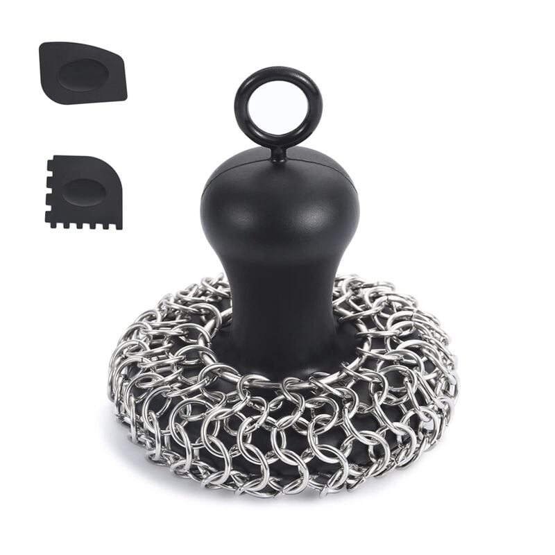 Image of Pulitore per di Maglia in Ghisa + Raschietto Padelle, Padelle Acciaio Inossidabile, Strumento Nero