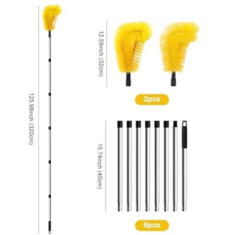 Pulitore per grondaie da 320 cm, strumento per la pulizia delle grondaie, dotato di 8 spazzole retrattili per la pulizia di tetti/foglie/sporco/finestre/grondaie/lampadari (giallo)
