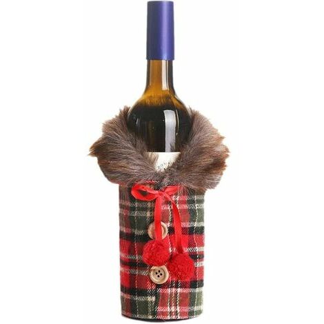 Pull de bouteille de vin de Noël, pull de bouteille de vin de décorations de Noël avec col en fausse fourrure et manteau à boutons - Housses de bouteille de vin de Noël, bouteille de vin