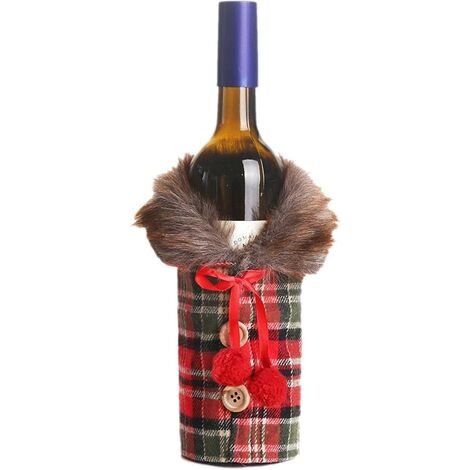 Pull de bouteille de vin de Noël, pull de bouteille de vin de décorations de Noël avec col en fausse fourrure et manteau à boutons - Housses de bouteille de vin de Noël, bouteille de vin