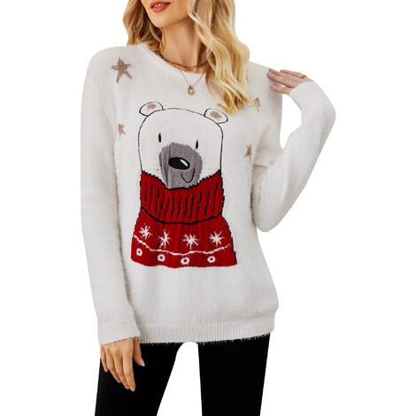 Pull de Noël Femme Noël Manches Longues O Cou Pulls Décontractés (Blanc-X-Large)