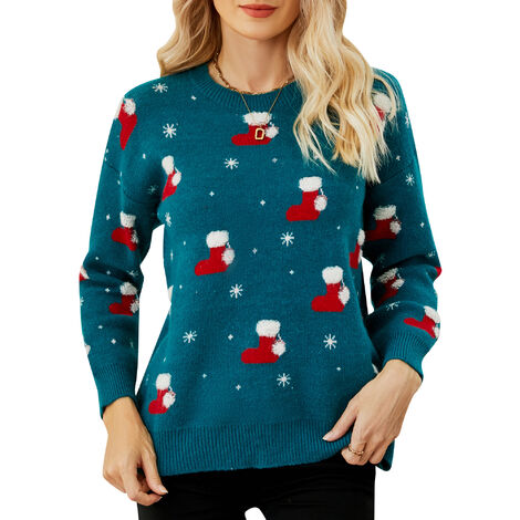Pull de Noël Femme Noël Manches Longues O Cou Pulls Décontractés (Bleu-X-Large)