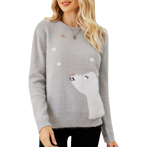 Pull de Noël Femme Noël Manches Longues O Cou Pulls Décontractés (Gris-Large)