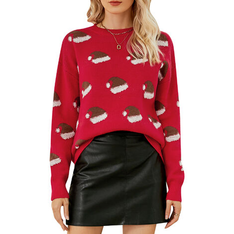 Pull de Noël Femme Noël Manches Longues O Cou Pulls Décontractés (Rouge-X-Large)