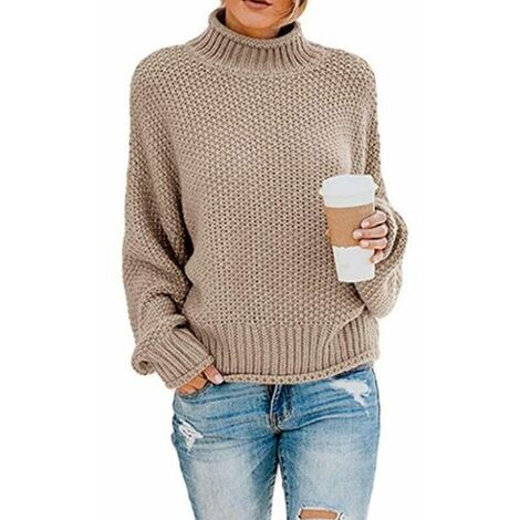Pull Femme Élégant Hiver Col Roulé Pull Tricoté Gros Pull en Tricot Pull Tricoté Décontracté Lâche Pull à Manches Longues-S Kaki