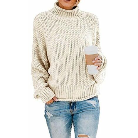 Pull Mesdames Élégant Hiver Col Roulé Pull Tricoté Pull Chunky Tricot Pull Décontracté Lâche Pull À Manches Longues-S Blanc