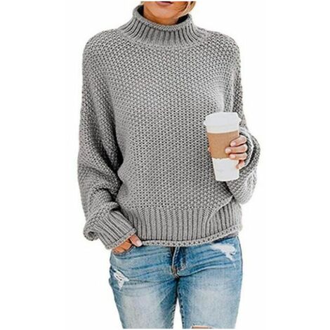 Pull Mesdames Élégant Hiver Col Roulé Pull Tricoté Pull Chunky Tricot Pull Décontracté Lâche Pull À Manches Longues-S Gris
