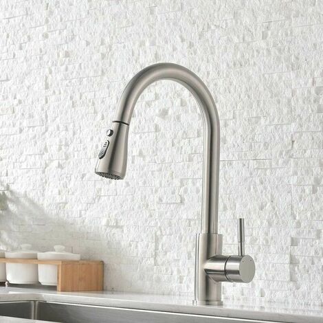 Pull Out Kitchen Faucet - 360° Swivel Kitchen Faucet - 2 Modes - Kitchen Faucet with High Curved Spout, Brushed Nickel