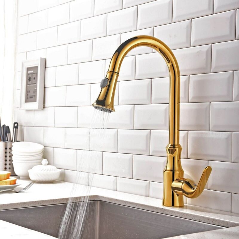 Pull-out single lever kitchen faucet in solid golden brass