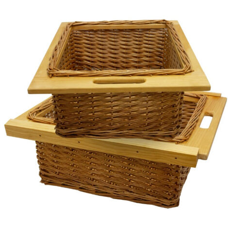 Pull out Wicker Basket Drawer 500mm Kitchen Storage Solution Larder Base Unit Cupboard with Handle Rustic Beech Wood Farmhouse Style 100% Handmade Rattan FREE Fixing Kit Included – Brown - Brown