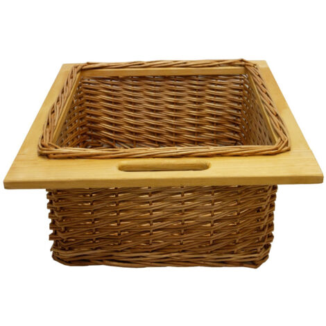 Pull out Wicker Basket Drawer 500mm Kitchen Storage Solution Larder Base Unit Cupboard with Handle Rustic Beech Wood Farmhouse Style 100% Handmade Rattan FREE Fixing Kit Included – Brown - Brown