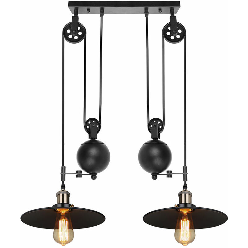 Pulley Pendant Light Vintage Industrial Ceiling Light Rise and Fall Retro Hanging Lamp E27 Black Creative 2 Lights Chandelier with Metal Lampshade