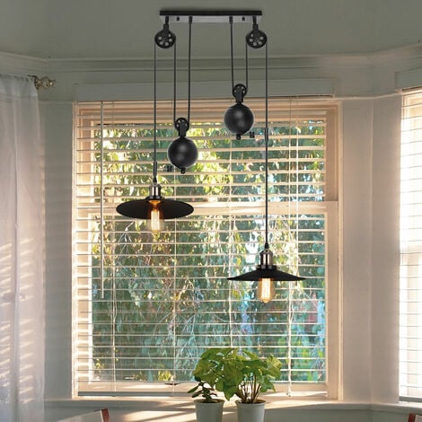 AXHUP Pulley Pendant Light Vintage Industrial Ceiling Light Rise and Fall Retro Hanging Lamp E27 Black Creative 2 Lights Chandelier with Metal Lampshade