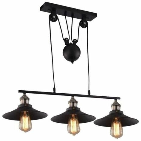 AXHUP Pulley Pendant Light Vintage Industrial Ceiling Light Rise and Fall Retro Hanging Lamp E27 Black Creative 3 Lights Chandelier with Metal Lampshade