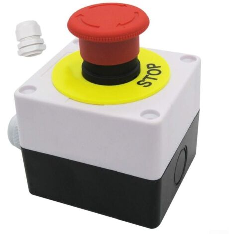 Pulsador de parada de emergencia con interruptor de parada tipo seta rojo, 22 mm, 220 V CA, 10 A, carcasa de ABS impermeable IP65 para instalaciones eléctricas industriales.