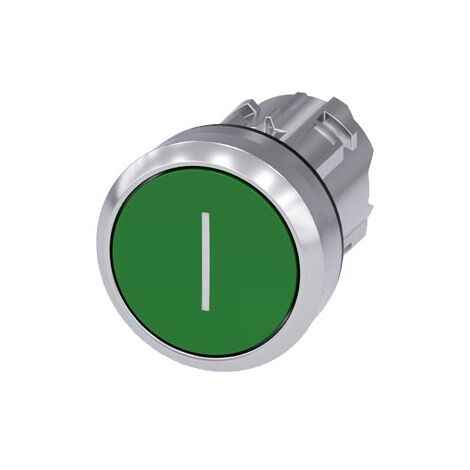 Pulsante, 22 mm, rotondo, in metallo, lucido, verde, scritta: I, pulsante, contatto momentaneo piatto