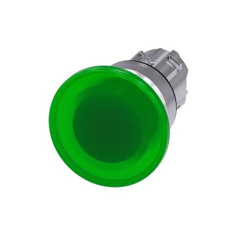 Pulsante a fungo luminoso, 22 mm, tondo, in metallo, lucido, verde, 40 mm, a contatto momentaneo, con etichettatura laser, maiuscolo