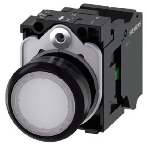 Pulsante luminoso, 22 mm, rotondo, in plastica, bianco, pulsante, piatto, a contatto momentaneo, con supporto, 1NO, modulo LED con LED integrato 24 V AC/DC