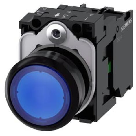 Pulsante luminoso, 22 mm, rotondo, in plastica, blu, pulsante, piatto, ad impulso, con supporto, 1 NO, modulo LED con LED integrato 24 V AC/DC, morsetto a vite