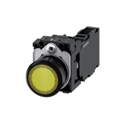 Pulsante luminoso, 22 mm, rotondo, in plastica, giallo, pulsante, piatto, ad impulso, con supporto, 1 NO+1 NC, modulo LED con LED integrato 24 V AC/DC, morsetto a vite