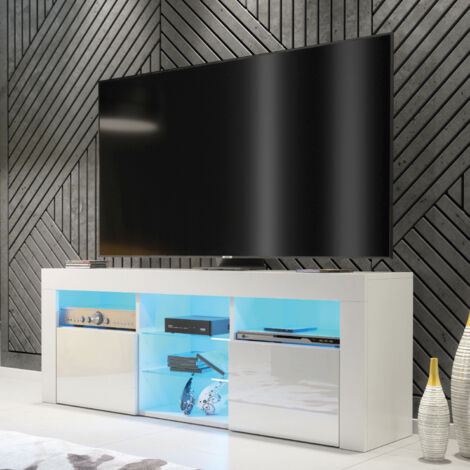 Pulse TV Unit - White with Gloss Doors & LED - 145cm
