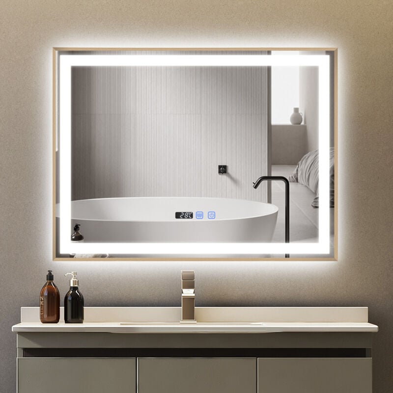 Puluomis - Miroir de salle de bain 80×60cm , Avec éclairage led réglable , Miroir cosmétique lumineux de grande taille, Miroir mural , 3 couleurs de