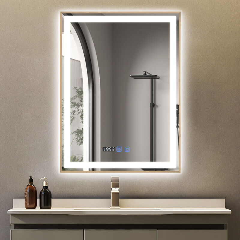 Puluomis Miroir de salle de bain 60×80cm , Avec éclairage LED réglable , Miroir cosmétique lumineux de grande taille, Miroir mural , 3 couleurs de