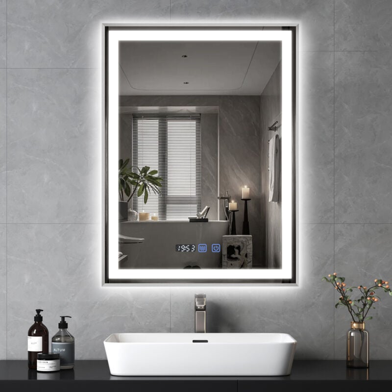 Miroir de salle de bain 60×80cm , Avec éclairage led réglable , Miroir cosmétique lumineux de grande taille, Miroir mural , 3 couleurs de lumière ,