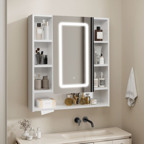 Puluomis – Armoire murale de salle de bain avec miroir LED – Éclairage réglable 3000K-6500K – Tiroir à papier – Dimensions 80x72x14,5 cm – Blanc