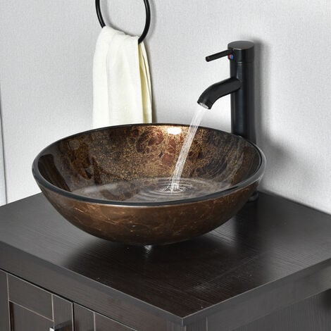 Puluomis Bathroom Sink Basin, Cloakroom Countertop Wash Bowl, Tempered Glass, Hand-paintingm, with Oil Rubbed Tap, Pop-up Waste, Water Supply Lines