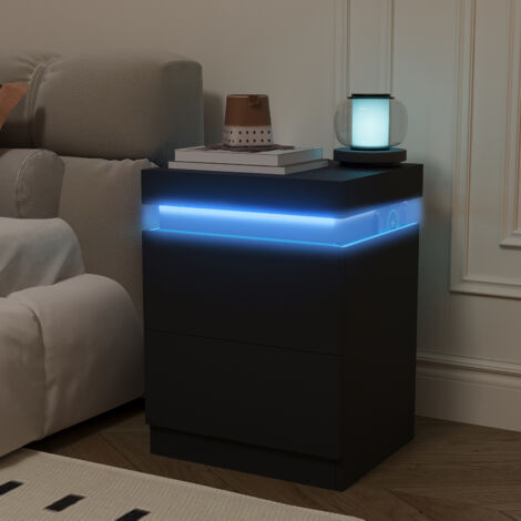 Puluomis Bedside Table with Charging Station, Side Table with RGB Light, End Table with 2 Drawers, Bedroom and Living Room, Black