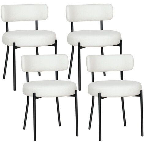 PULUOMIS 4 chaises, Chaise rembourrée en tissu Teddy，Pieds en métal noir，Chaise de cuisine,Chaise de cuisine rétro moderne — Blanc