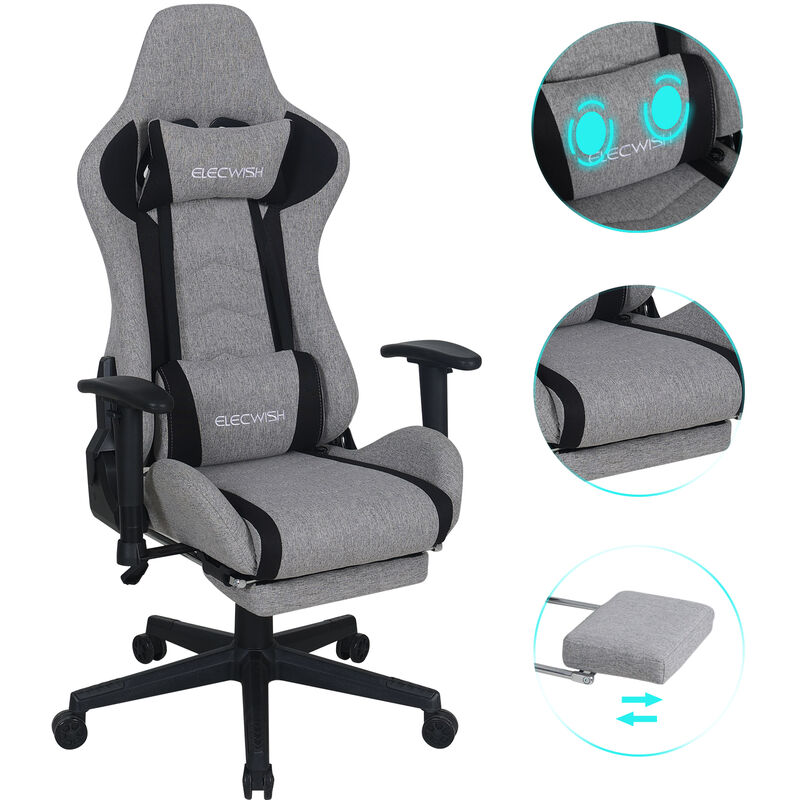 Chaise Gamer Chaises de Bureau à haut Dossier Avec fonction balançoire avec Repose-pieds et Support Lombaire et massage 150Kg lin- Gris - Gris