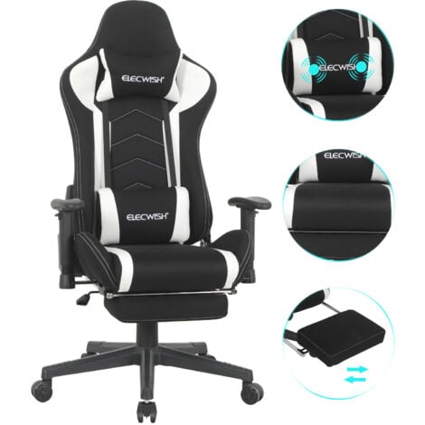 Puluomis Chaise Gamer Ergonomique Chaises de Bureau à haut Dossier Chaise Gaming Adulte Avec Fonction Balançoire avec Repose-pieds et Support Lombaire et Massage 150Kg lin - Blanc