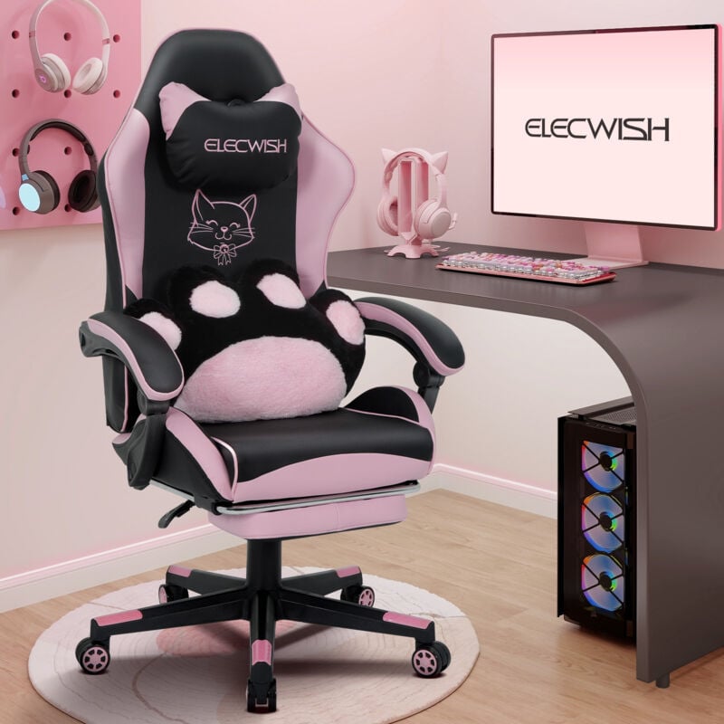 Chaise Gaming Chat Rose Ergonomique, Chaise Gamer, Fauteuil de Jeu, Coussin Lombaire Patte de chat, Appui-Tête, Repose-Pied, Adulte, Fille, Chambre,
