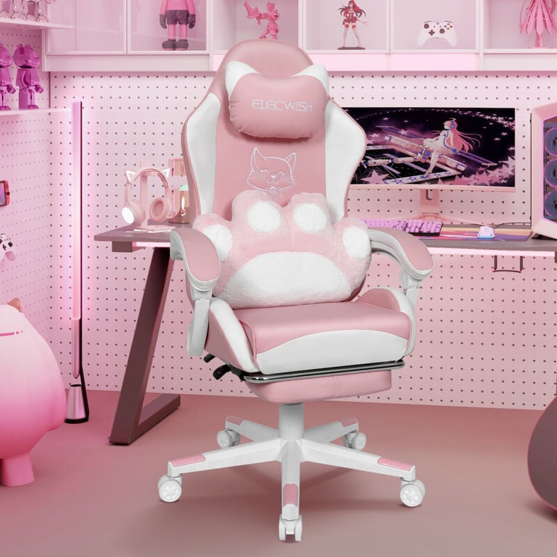 Puluomis - Chaise Gaming Chat Rose Ergonomique, Chaise Gamer, Fauteuil de Jeu, Coussin Lombaire Patte de chat, Appui-Tête, Repose-Pied, Adulte,