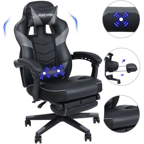 PULUOMIS Gaming Ergonomique à haut Dossier, Fauteuil Gamer en PU, Siège avec Fonction de Massage, Dossier réglable à 150°, Repose-pieds, Soutien Lombaire, 150Kg, Bureau, Chambre, Maison - Gris