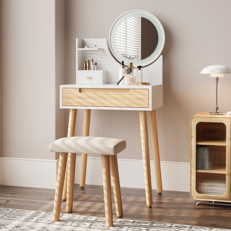 Puluomis - Coiffeuse avec éclairage led et miroir rond, table de maquillage avec tabouret rembourré et tiroirs, 3 modes d'éclairage, couleur bois