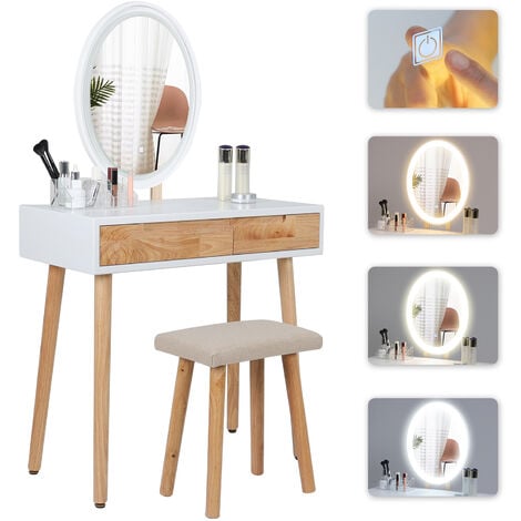 Puluomis Coiffeuse avec LED Miroir Style Moderne Table de maquillage et tabouret,Miroir ovale carré rond + 2 tiroirs Couleur du bois