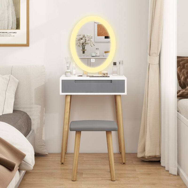 Puluomis - Coiffeuse led Lumière Dimmable Table de Maquillage avec Miroir et Tabouret, Table de Maquillage avec Spacieux Tiroir Coulissants, Couleur