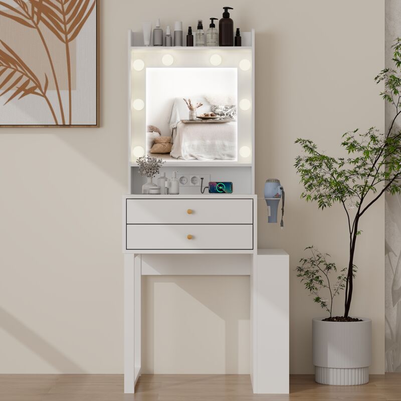Puluomis - Coiffeuse avec Miroir led 8 Ampoules, Table de Maquillage avec 2 Tiroirs 1 Armoire Rangement, Coiffeuse Cosmétique Table, Plateau en